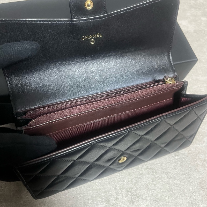正品 Chanel 經典2折黑金羊皮長夾-4