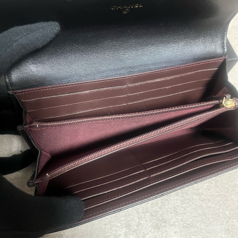 正品 Chanel 經典2折黑金羊皮長夾-5