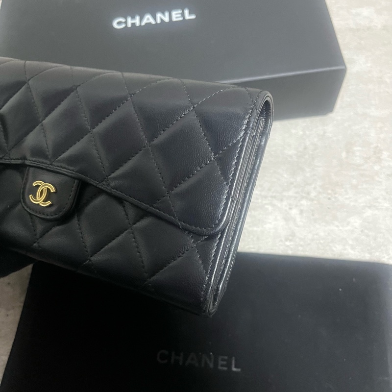 正品 Chanel 經典2折黑金羊皮長夾-8