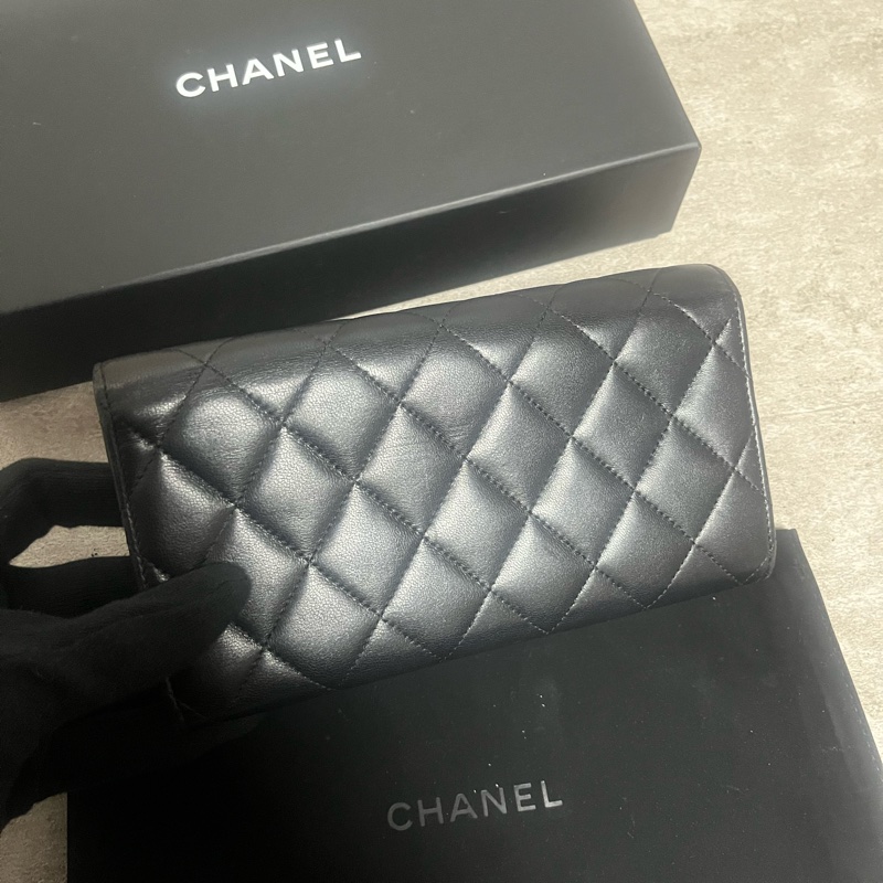 正品 Chanel 經典2折黑金羊皮長夾-9