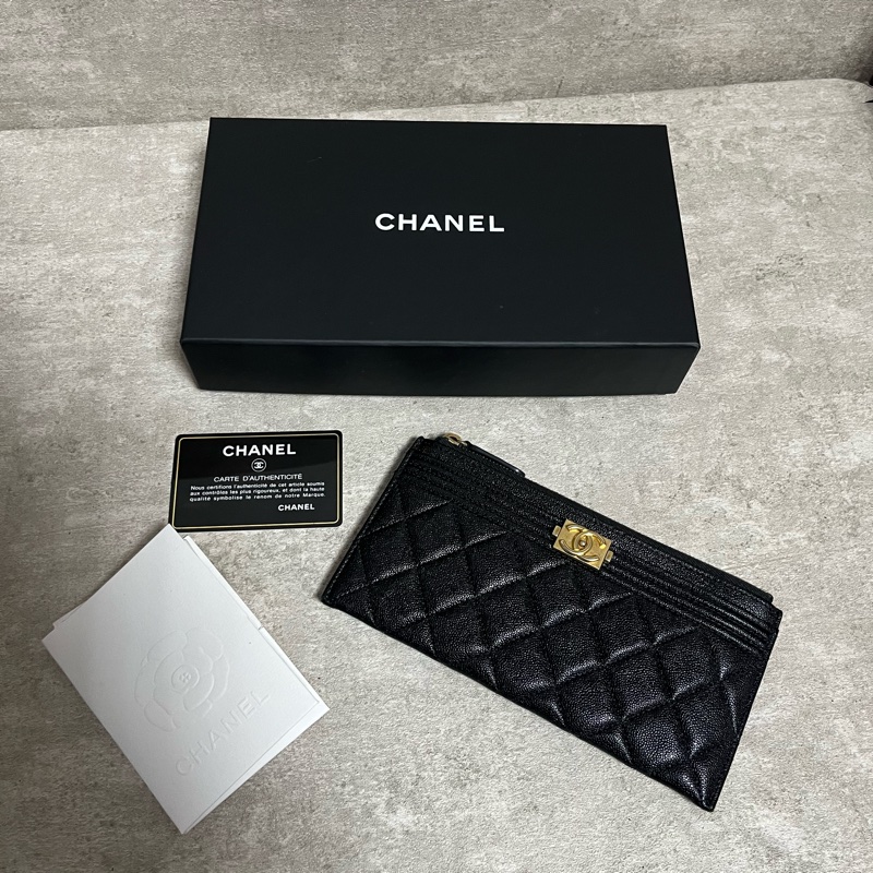 正品 Chanel boy 經典黑金荔枝皮扁長夾-0
