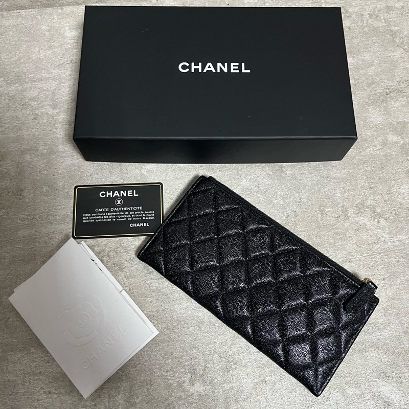 正品 Chanel boy 經典黑金荔枝皮扁長夾-1