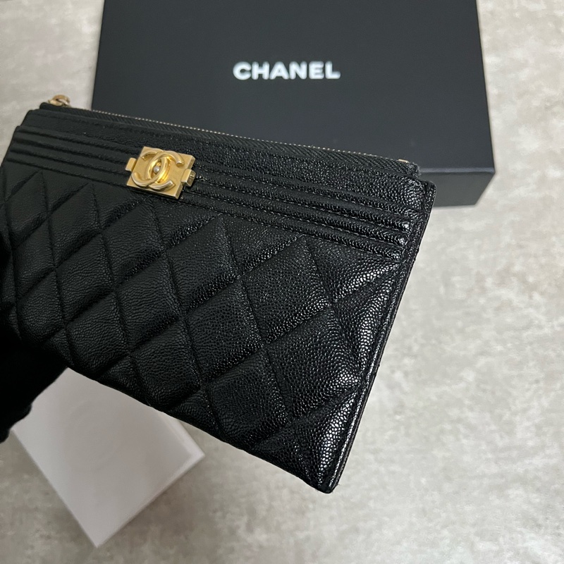 正品 Chanel boy 經典黑金荔枝皮扁長夾-3