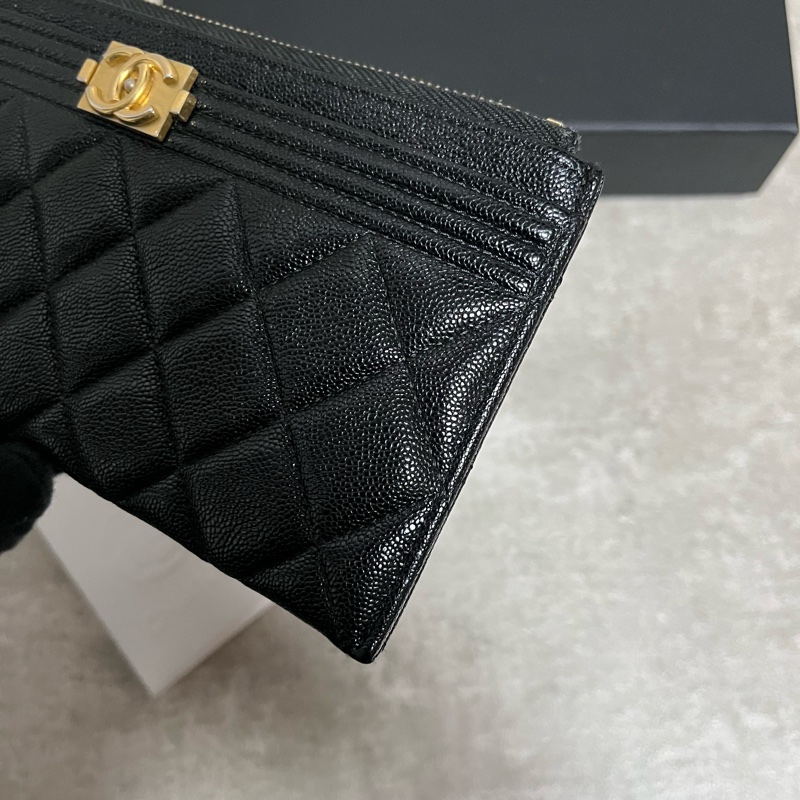 正品 Chanel boy 經典黑金荔枝皮扁長夾-6