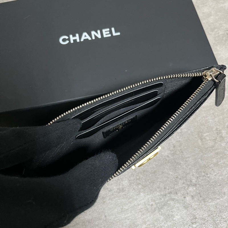 正品 Chanel boy 經典黑金荔枝皮扁長夾-7