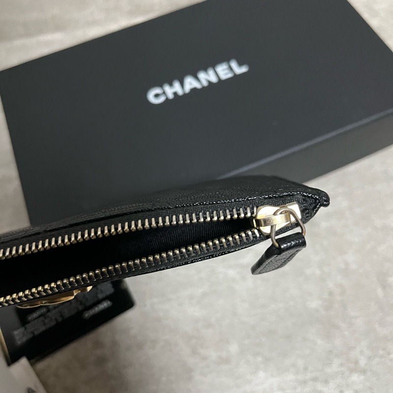 正品 Chanel boy 經典黑金荔枝皮扁長夾-13