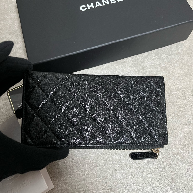 正品 Chanel boy 經典黑金荔枝皮扁長夾-15