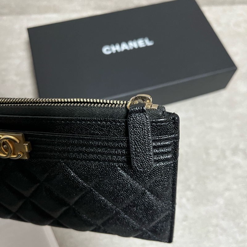 正品 Chanel boy 經典黑金荔枝皮扁長夾-16