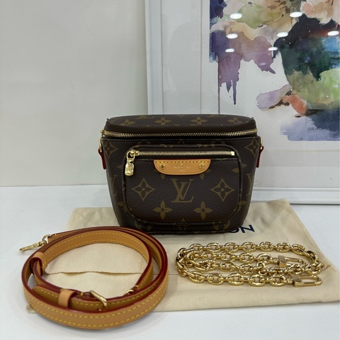 LV路易威登 mini bumbag 老花腰包 金色鏈條肩帶 可斜挎可腰包 晶片 閒置 17*12cm