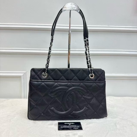 CHANEL香奈兒 Tote購物袋 黑銀 荔枝紋牛皮鏈條單肩包 大容量 耐磨百搭 雙C大logo經典款女士托特包