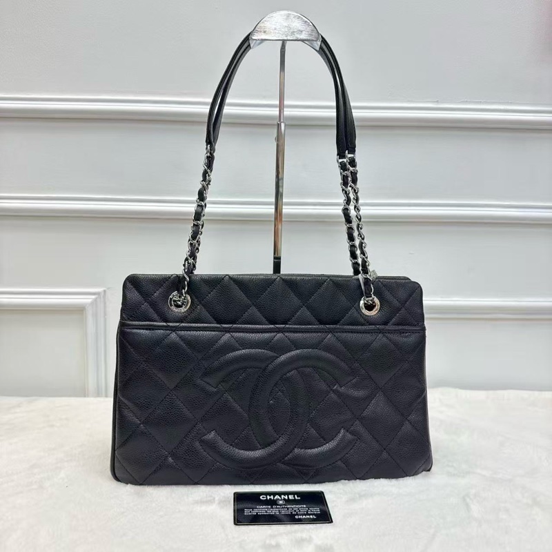 CHANEL香奈兒 Tote購物袋 黑銀 荔枝紋牛皮鏈條單肩包 大容量 耐磨百搭 雙C大logo經典款女士托特包-0