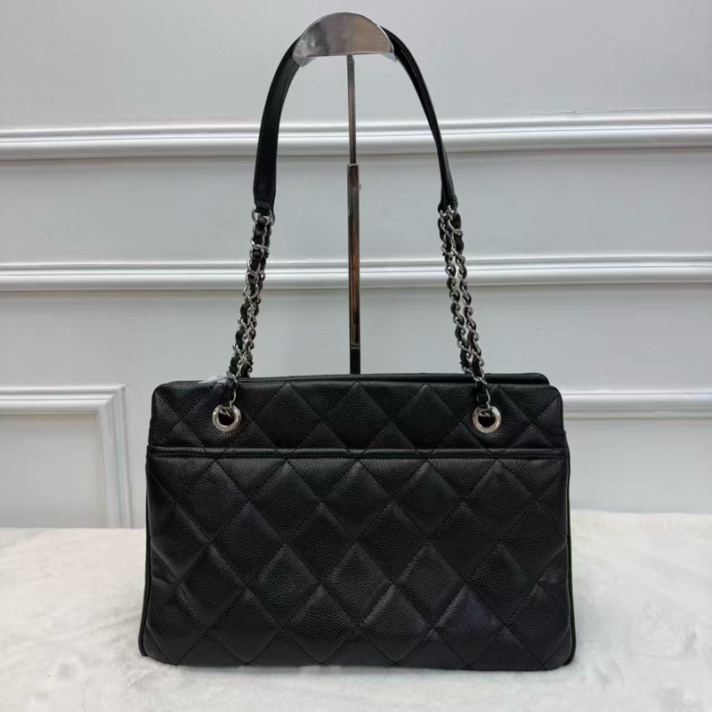 CHANEL香奈兒 Tote購物袋 黑銀 荔枝紋牛皮鏈條單肩包 大容量 耐磨百搭 雙C大logo經典款女士托特包-1