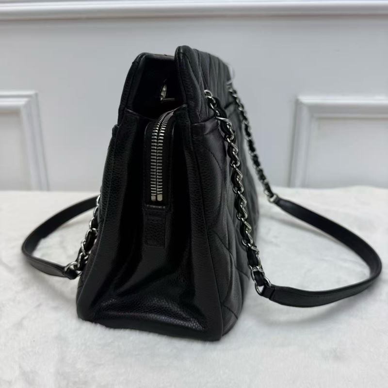 CHANEL香奈兒 Tote購物袋 黑銀 荔枝紋牛皮鏈條單肩包 大容量 耐磨百搭 雙C大logo經典款女士托特包-2