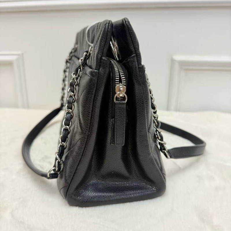 CHANEL香奈兒 Tote購物袋 黑銀 荔枝紋牛皮鏈條單肩包 大容量 耐磨百搭 雙C大logo經典款女士托特包-3