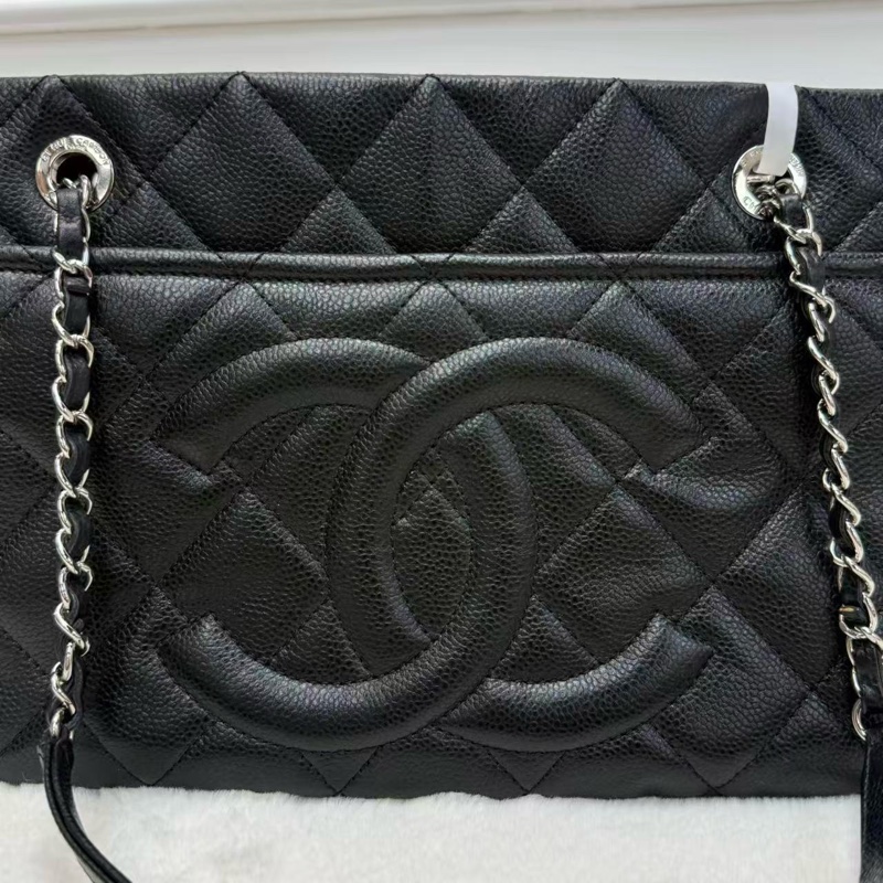 CHANEL香奈兒 Tote購物袋 黑銀 荔枝紋牛皮鏈條單肩包 大容量 耐磨百搭 雙C大logo經典款女士托特包-4