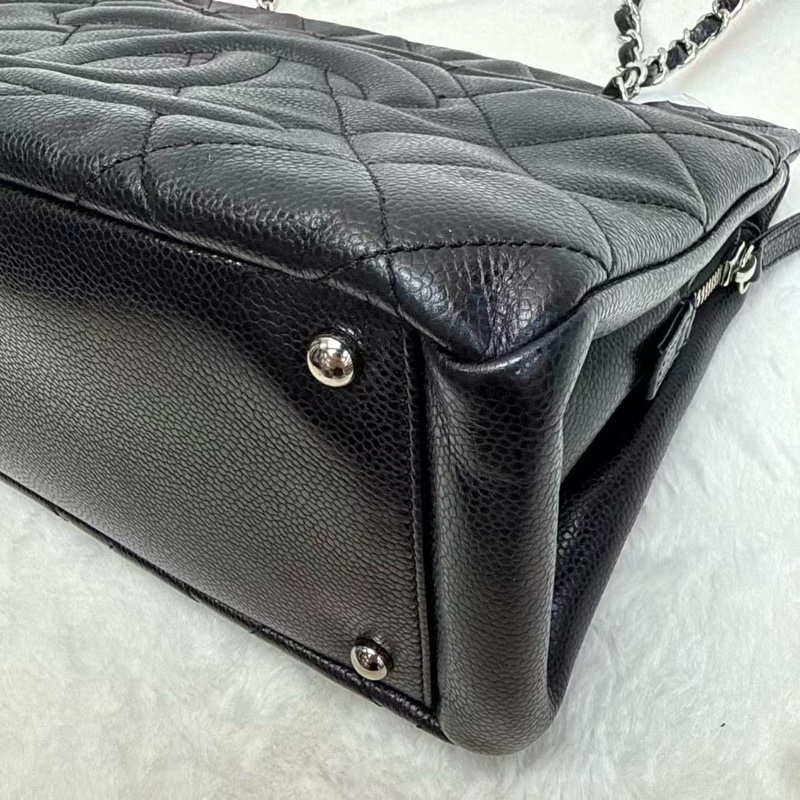 CHANEL香奈兒 Tote購物袋 黑銀 荔枝紋牛皮鏈條單肩包 大容量 耐磨百搭 雙C大logo經典款女士托特包-7