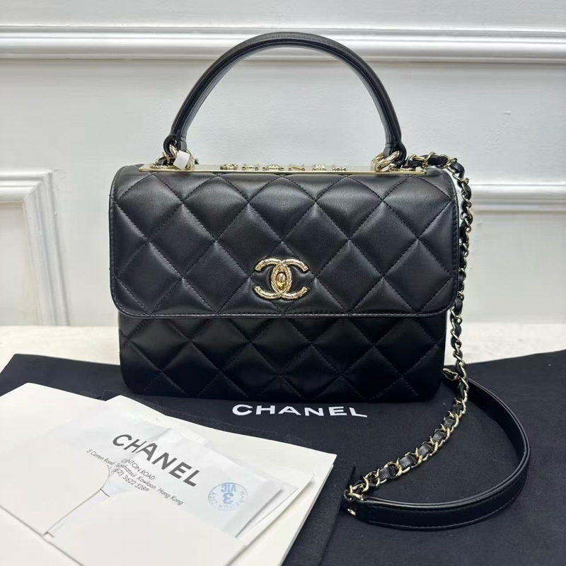 CHANEL香奈兒 TRENDY CC郵差包 黑金菱格紋羊皮 手柄式口蓋包 經典熱門款女士手提單肩斜挎包-0