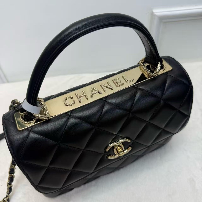 CHANEL香奈兒 TRENDY CC郵差包 黑金菱格紋羊皮 手柄式口蓋包 經典熱門款女士手提單肩斜挎包-2