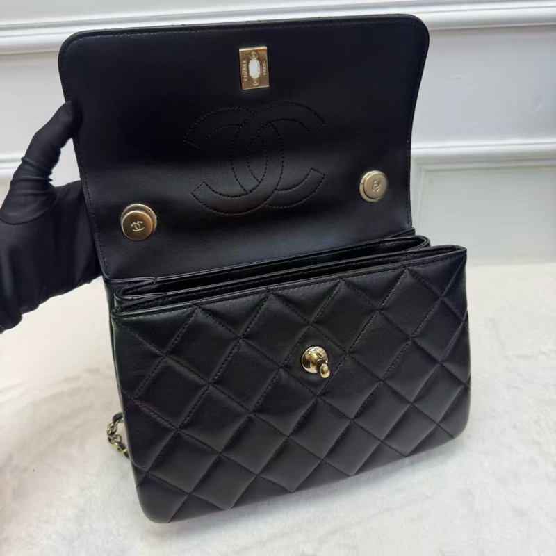 CHANEL香奈兒 TRENDY CC郵差包 黑金菱格紋羊皮 手柄式口蓋包 經典熱門款女士手提單肩斜挎包-3