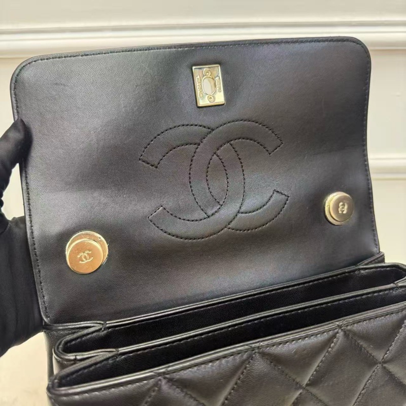 CHANEL香奈兒 TRENDY CC郵差包 黑金菱格紋羊皮 手柄式口蓋包 經典熱門款女士手提單肩斜挎包-4