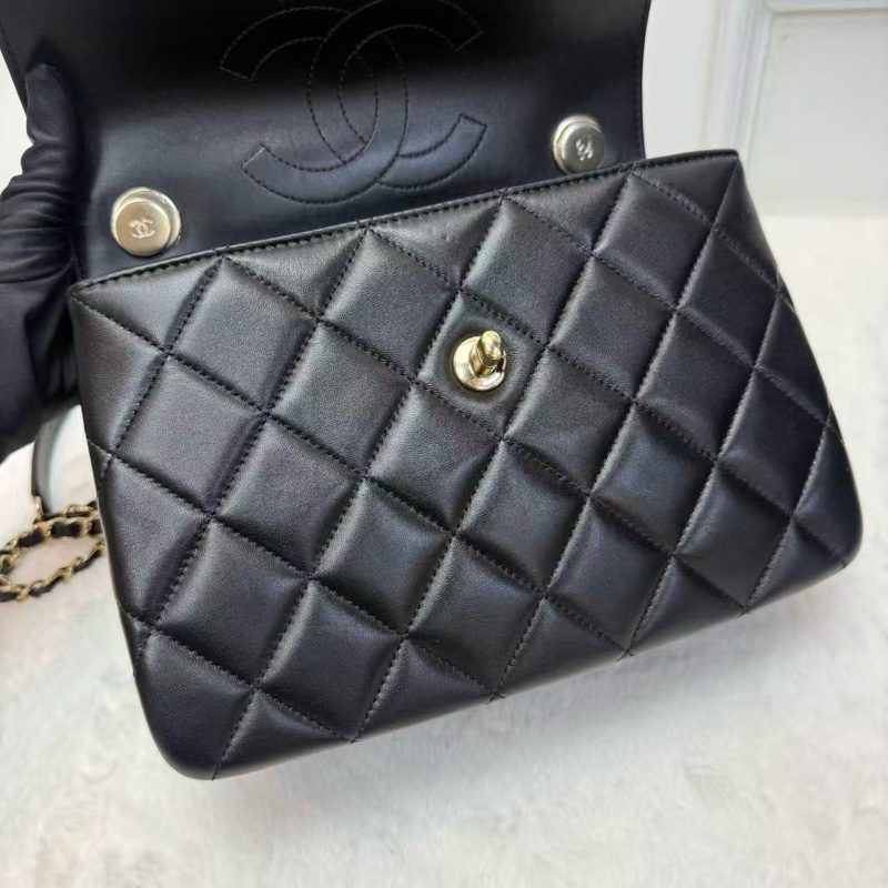 CHANEL香奈兒 TRENDY CC郵差包 黑金菱格紋羊皮 手柄式口蓋包 經典熱門款女士手提單肩斜挎包-5