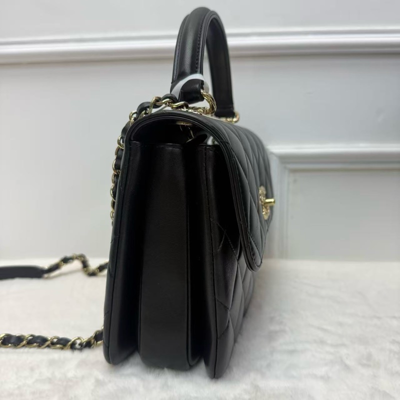 CHANEL香奈兒 TRENDY CC郵差包 黑金菱格紋羊皮 手柄式口蓋包 經典熱門款女士手提單肩斜挎包-7