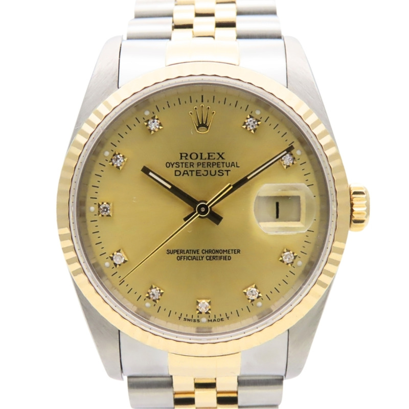 勞力士 Datejust 16233G 不鏽鋼 18K 黃金 老式鑽石 10PD E 字頭男腕錶-0
