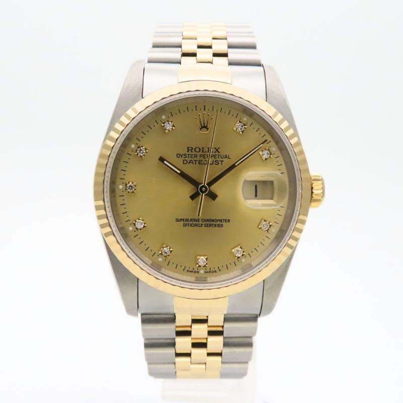 勞力士 Datejust 16233G 不鏽鋼 18K 黃金 老式鑽石 10PD E 字頭男腕錶-2