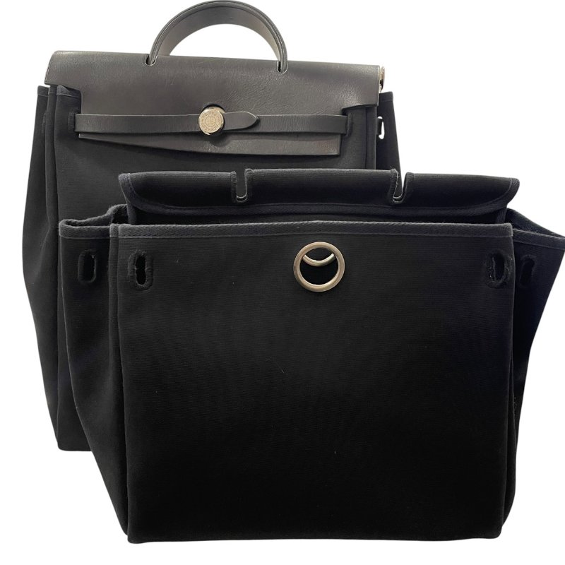 HERMES 愛馬仕 HERBAG 31 兩用後背包 帆布/皮革 黑色 銀扣-0