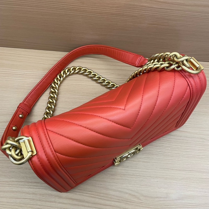 NO:C92 Chanel香奈儿 红金牛皮中號2018年,24開,Leboy V紋鏈條包金扣 有塵袋 無卡 無盒子 尺寸底長25*高15*-2