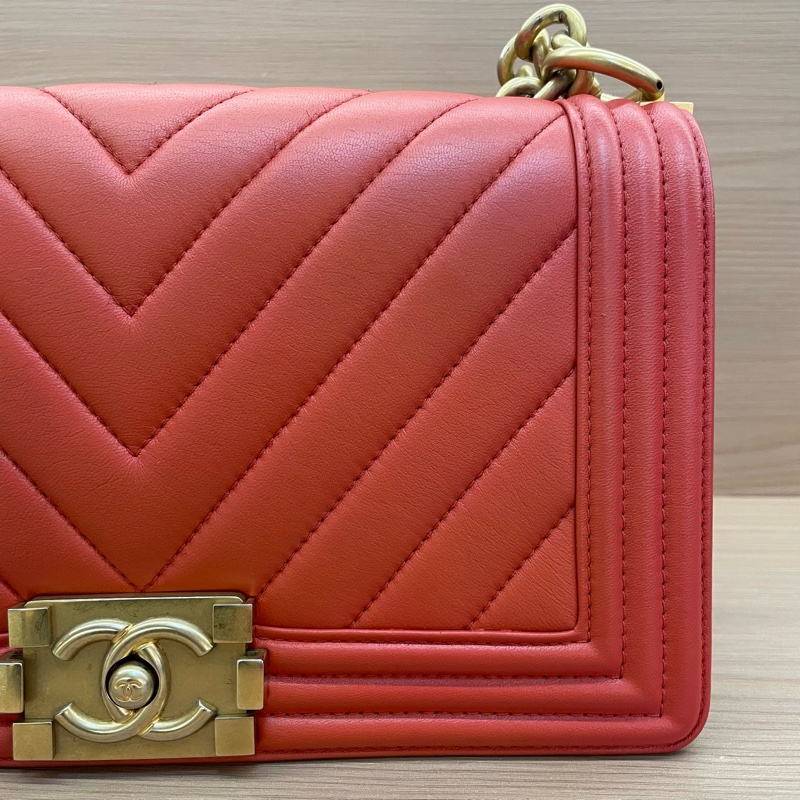 NO:C92 Chanel香奈儿 红金牛皮中號2018年,24開,Leboy V紋鏈條包金扣 有塵袋 無卡 無盒子 尺寸底長25*高15*-4