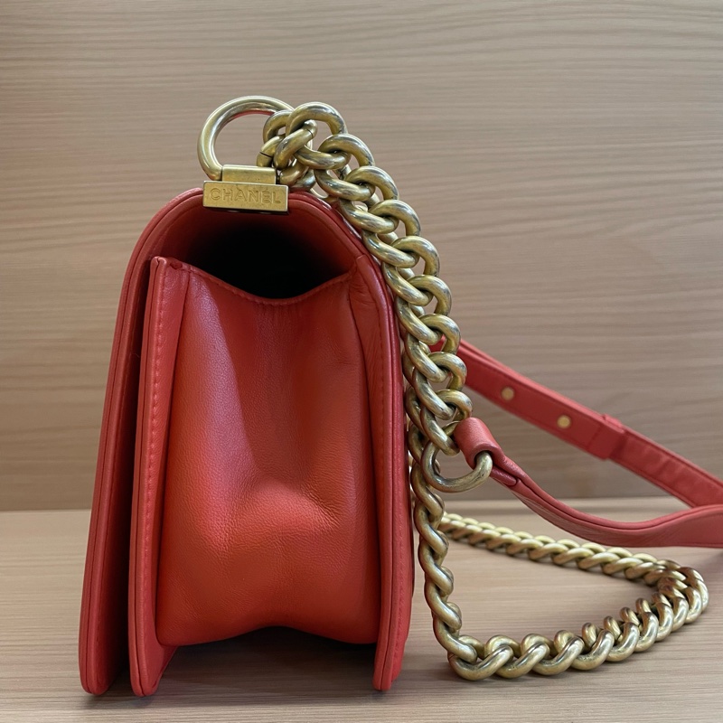 NO:C92 Chanel香奈儿 红金牛皮中號2018年,24開,Leboy V紋鏈條包金扣 有塵袋 無卡 無盒子 尺寸底長25*高15*-8
