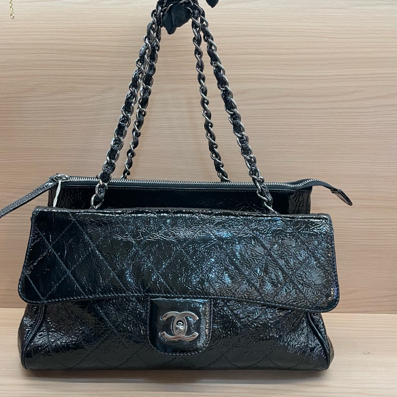 Chanel黑银油蜡皮蛙口cf單肩包2006年10開 有塵袋 無卡無盒子 尺寸底30*高20*寬12*-0