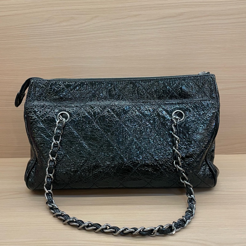 NO:D7 Chanel黑银油蜡皮蛙口cf單肩包2006年10開 有塵袋 無卡無盒子 尺寸底30*高20*寬12*-1