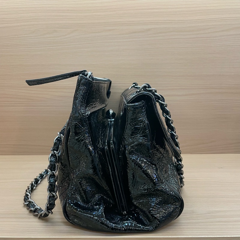 NO:D7 Chanel黑银油蜡皮蛙口cf單肩包2006年10開 有塵袋 無卡無盒子 尺寸底30*高20*寬12*-3