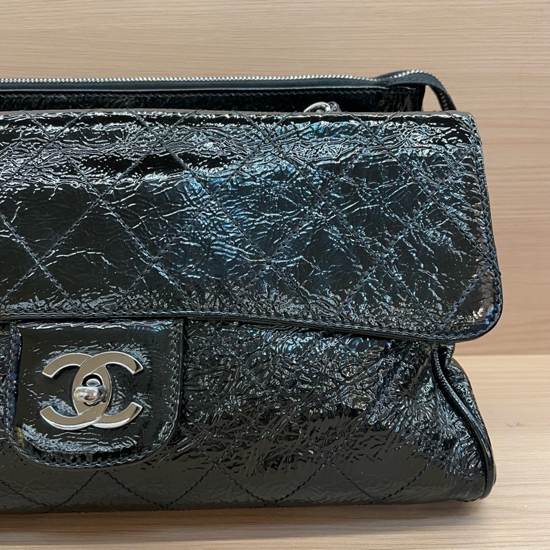 NO:D7 Chanel黑银油蜡皮蛙口cf單肩包2006年10開 有塵袋 無卡無盒子 尺寸底30*高20*寬12*-6