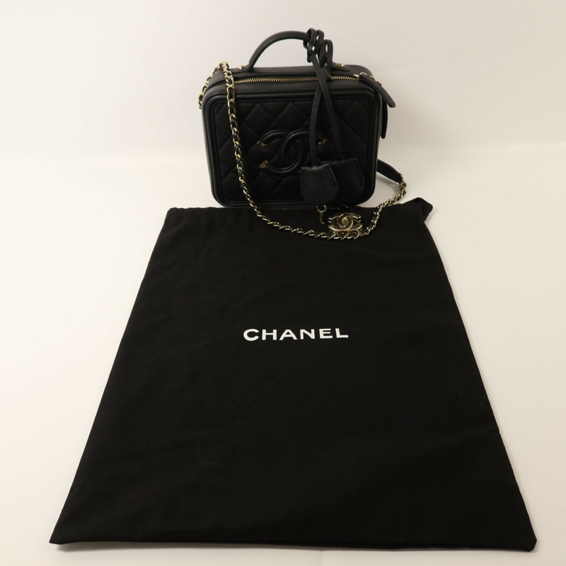 CHANEL 牛皮皮革Vanity Case Small金扣鏈帶手挽肩背兩用袋-9