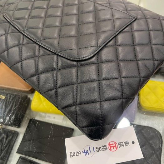 東區正精品㊣CHANEL 香奈兒黑色羊皮全皮金釦菱格紋一字拉鍊萬用包內袋手拿包大款 RZ6355-4