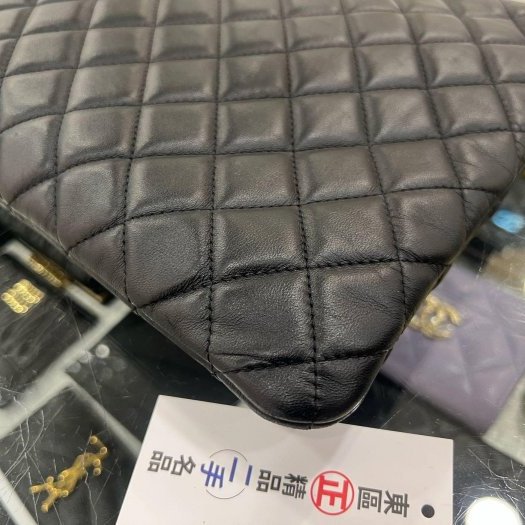 東區正精品㊣CHANEL 香奈兒黑色羊皮全皮金釦菱格紋一字拉鍊萬用包內袋手拿包大款 RZ6355-6