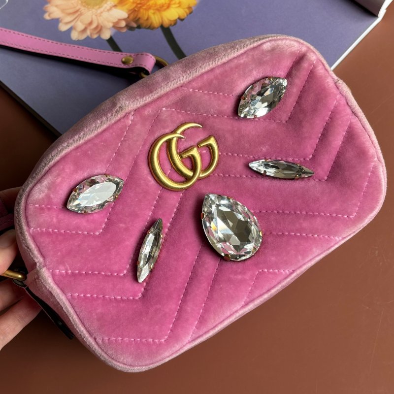 ::GUCCI 真品＊448065 粉色天鵝絨鑽飾相機包 斜背包-1