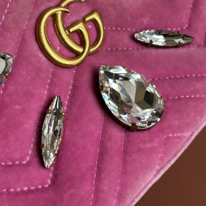 ::GUCCI 真品＊448065 粉色天鵝絨鑽飾相機包 斜背包-4