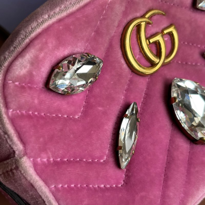 ::GUCCI 真品＊448065 粉色天鵝絨鑽飾相機包 斜背包-5