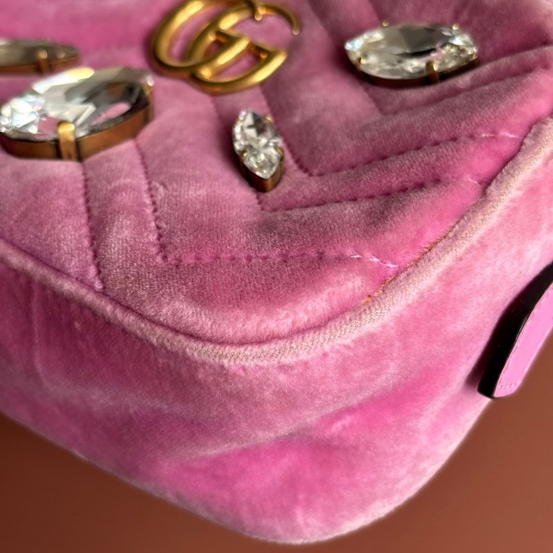 ::GUCCI 真品＊448065 粉色天鵝絨鑽飾相機包 斜背包-12
