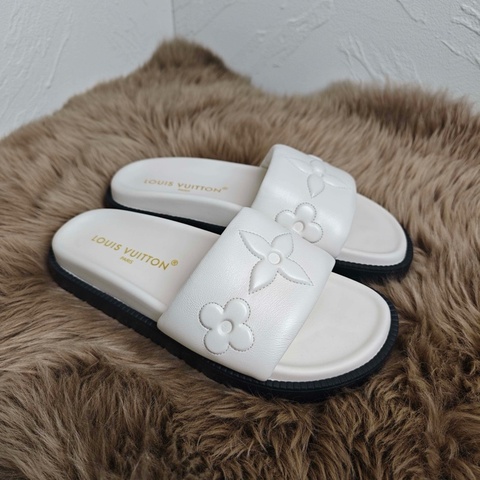 LV路易威登 Logo印花露趾 EVA 一字拖鞋 白色