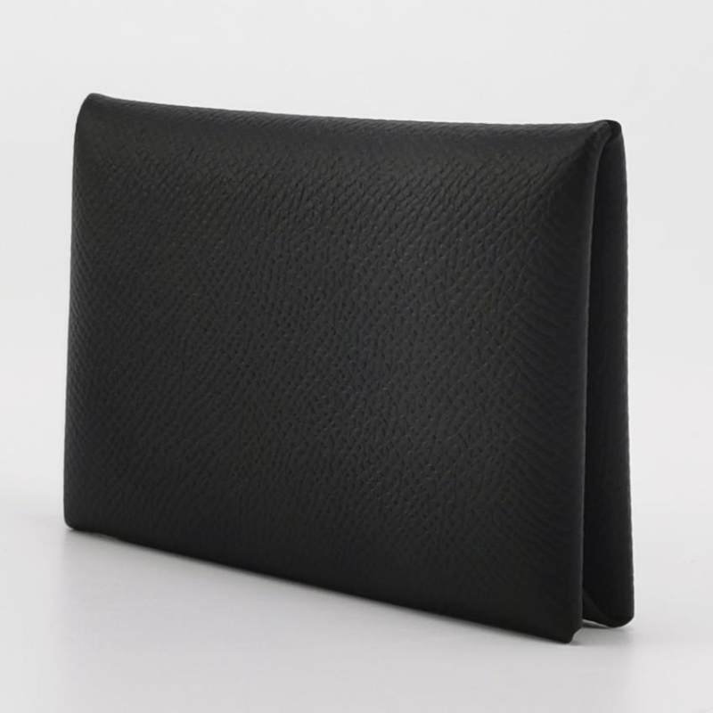 Hermes Calvi純色折疊卡包Epsom牛皮銀扣89黑色Z刻-1