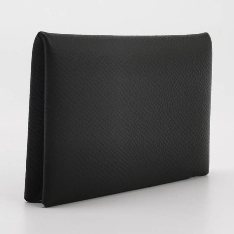 Hermes Calvi純色折疊卡包Epsom牛皮銀扣89黑色Z刻-2