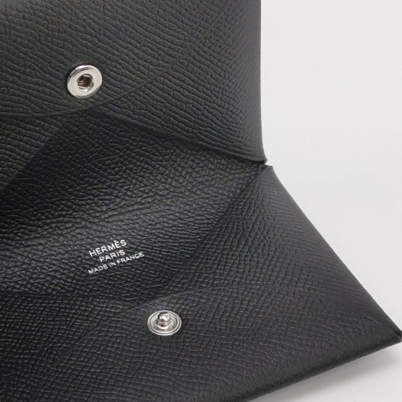 Hermes Calvi純色折疊卡包Epsom牛皮銀扣89黑色Z刻-5