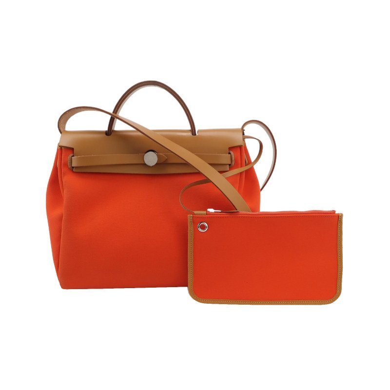 Hermes Herbag31馬鞍釘鎖扣斜挎包單肩包Hunter牛皮帆布銀扣8V罌粟橙棕色U刻-0