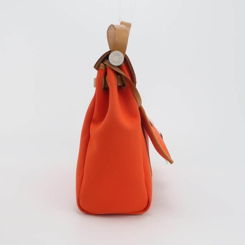 Hermes Herbag31馬鞍釘鎖扣斜挎包單肩包Hunter牛皮帆布銀扣8V罌粟橙棕色U刻-2