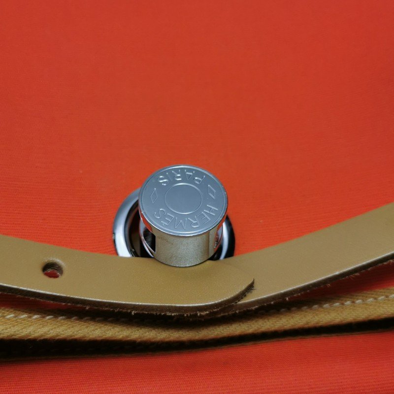 Hermes Herbag31馬鞍釘鎖扣斜挎包單肩包Hunter牛皮帆布銀扣8V罌粟橙棕色U刻-14
